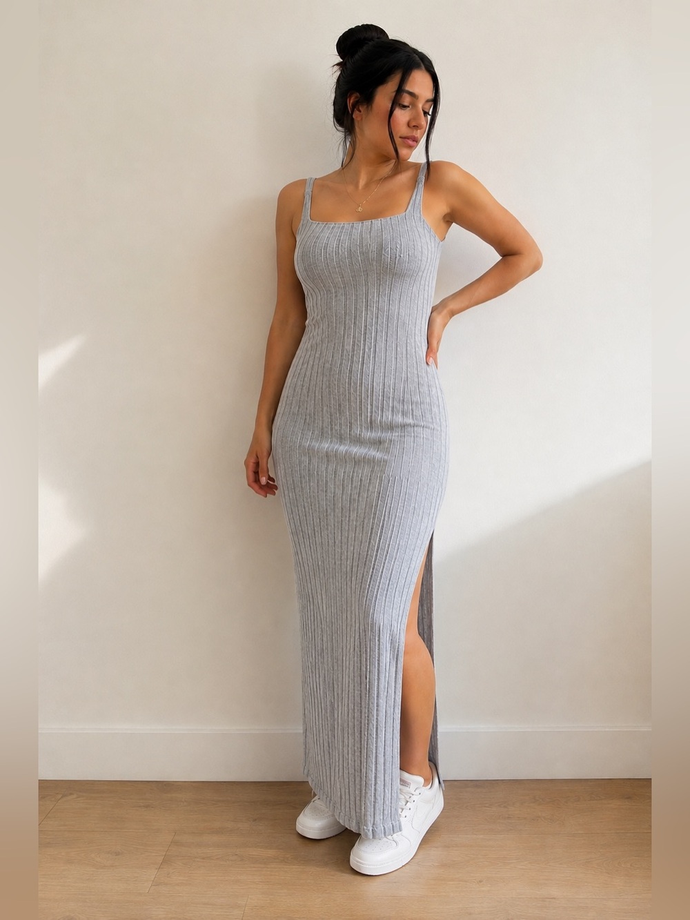 Ribbed Square-Neck Grey Maxi Dress with Side Slit Sz s SHEIN